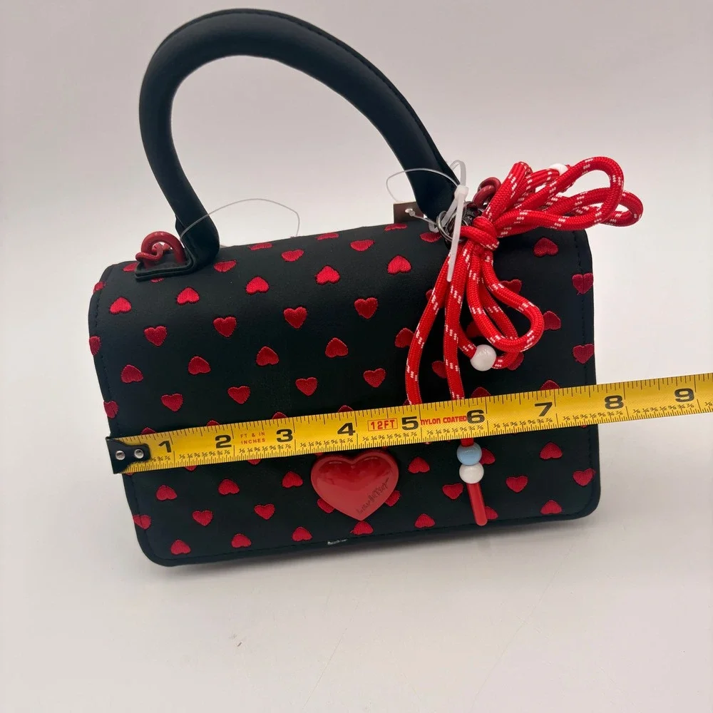 Betsey Johnson Black Red Hearts Mini‎ Top Handle Crossbody Valentine Bag Purse